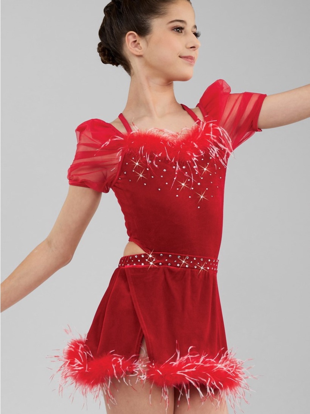 Weissman Red Feathered Girls' Dance Dress with Rhinestones